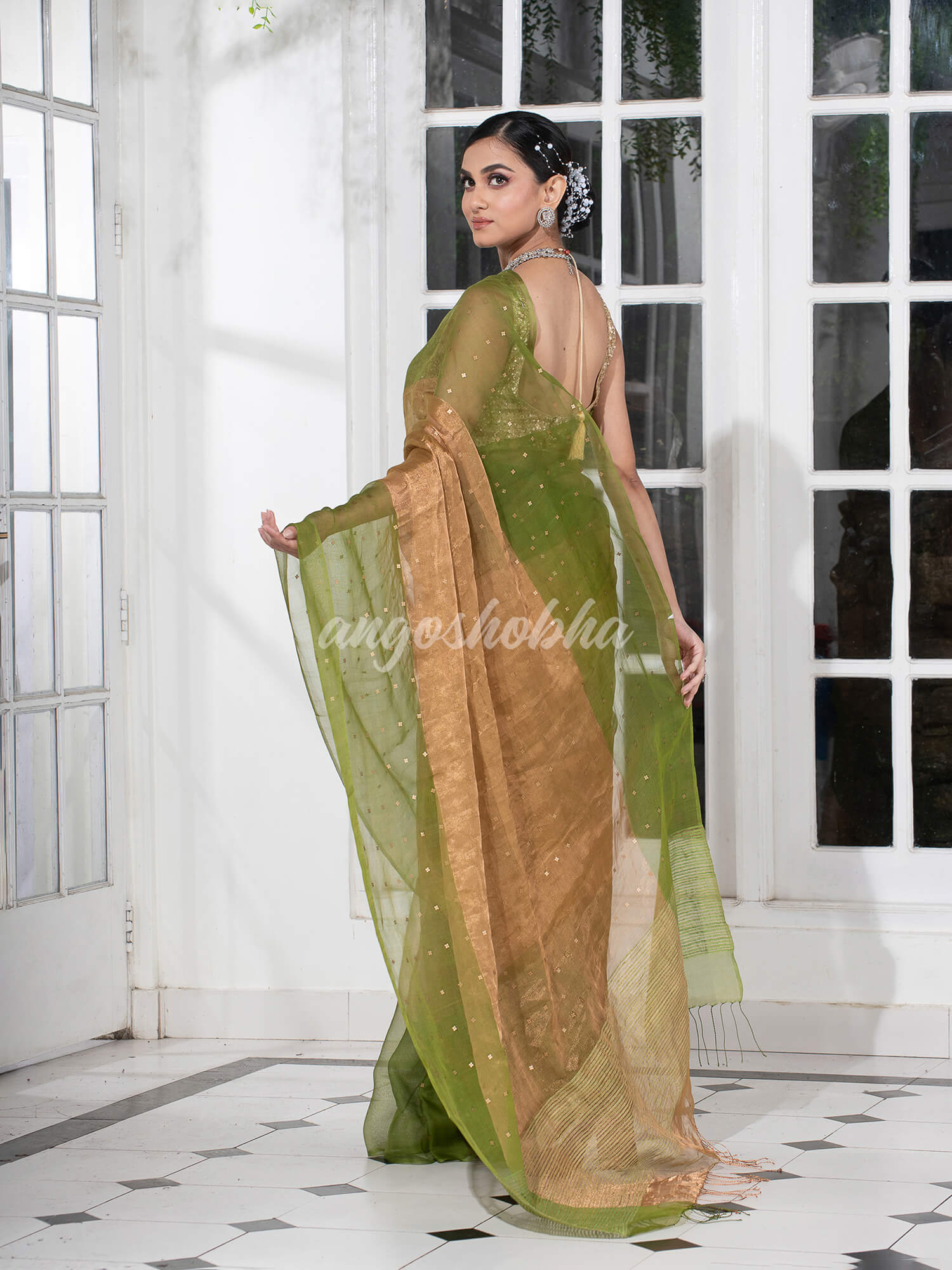 Grass Green Silk Muslin Tissue Saree