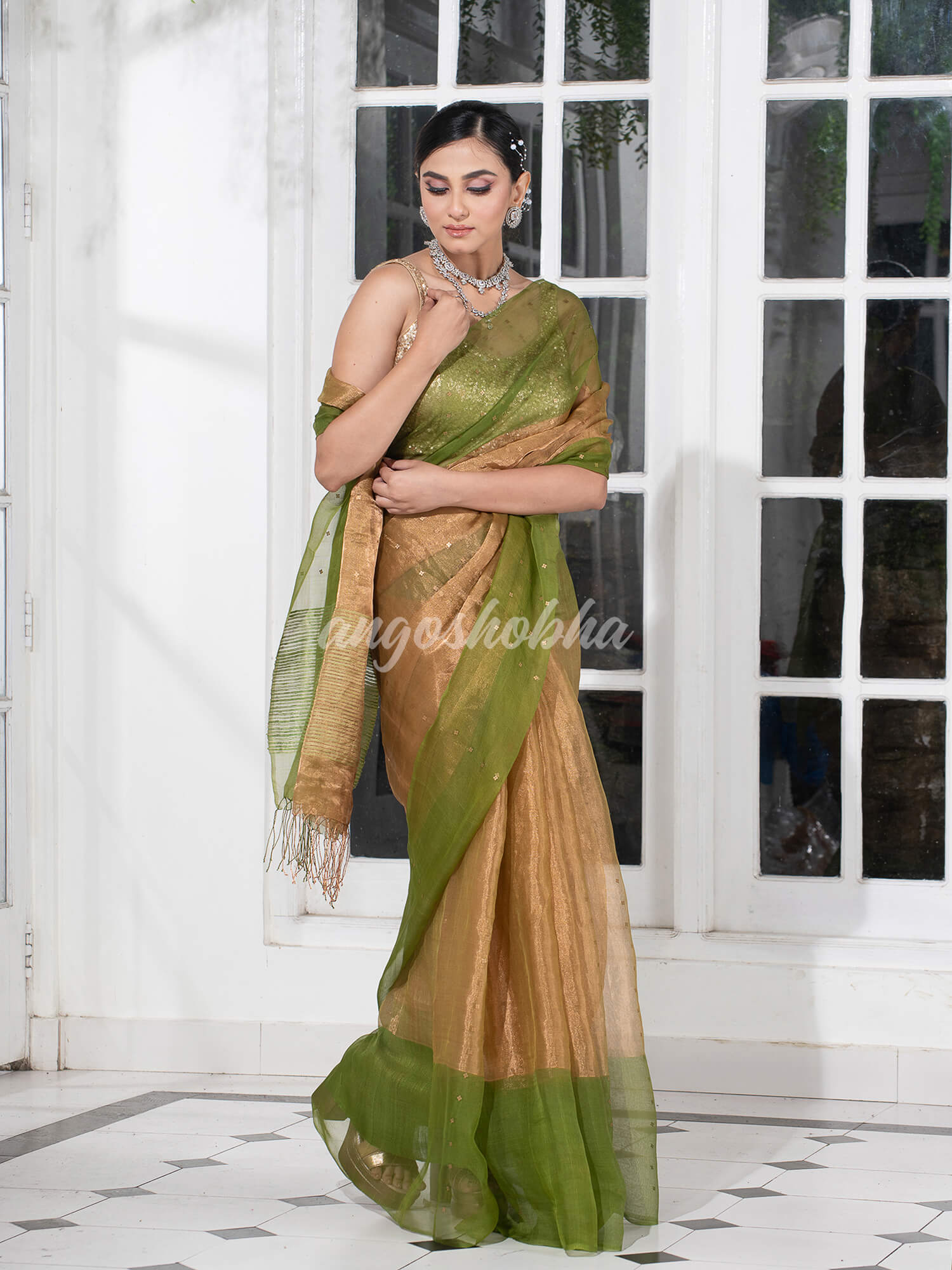 Grass Green Silk Muslin Tissue Saree