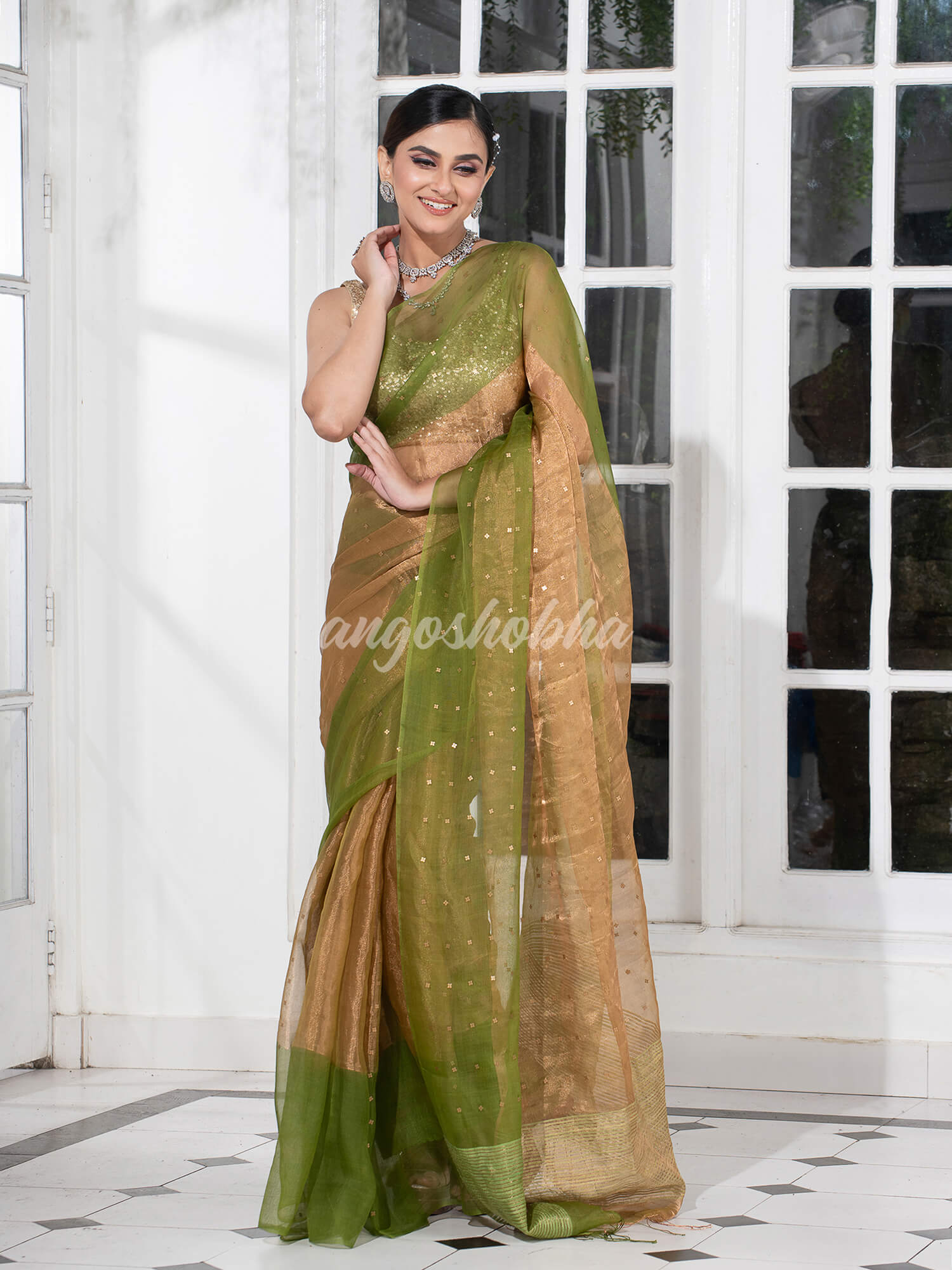 Grass Green Silk Muslin Tissue Saree