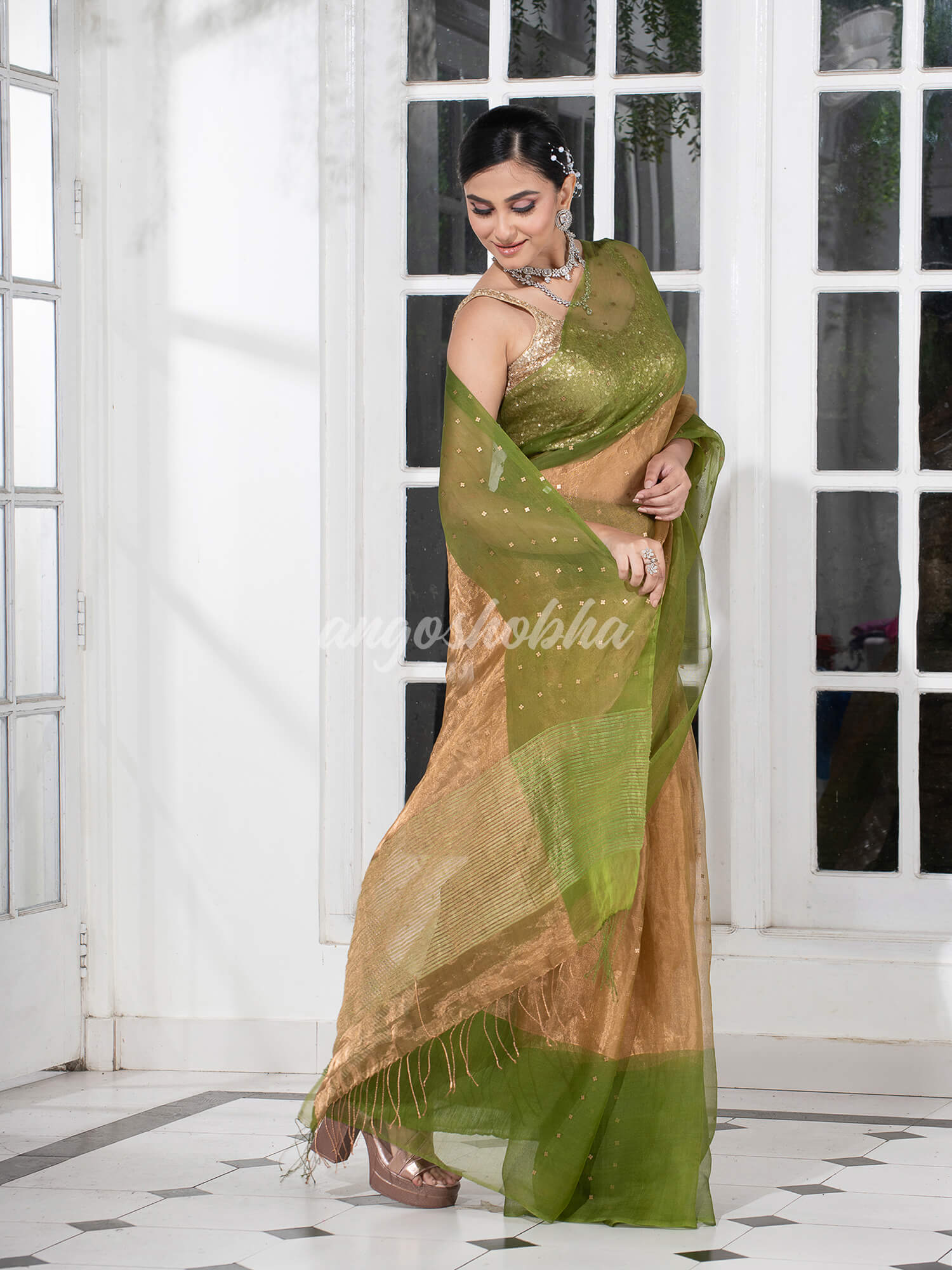 Grass Green Silk Muslin Tissue Saree