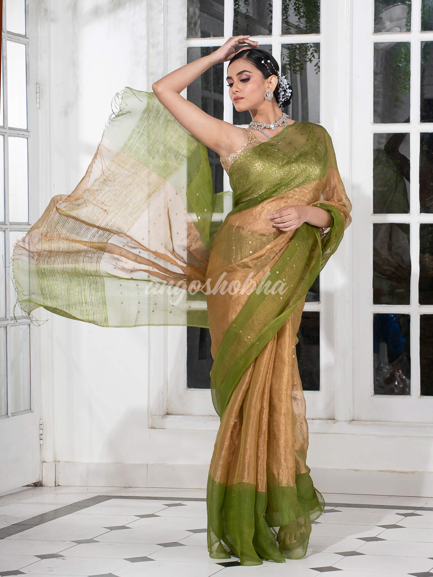 Grass Green Silk Muslin Tissue Saree