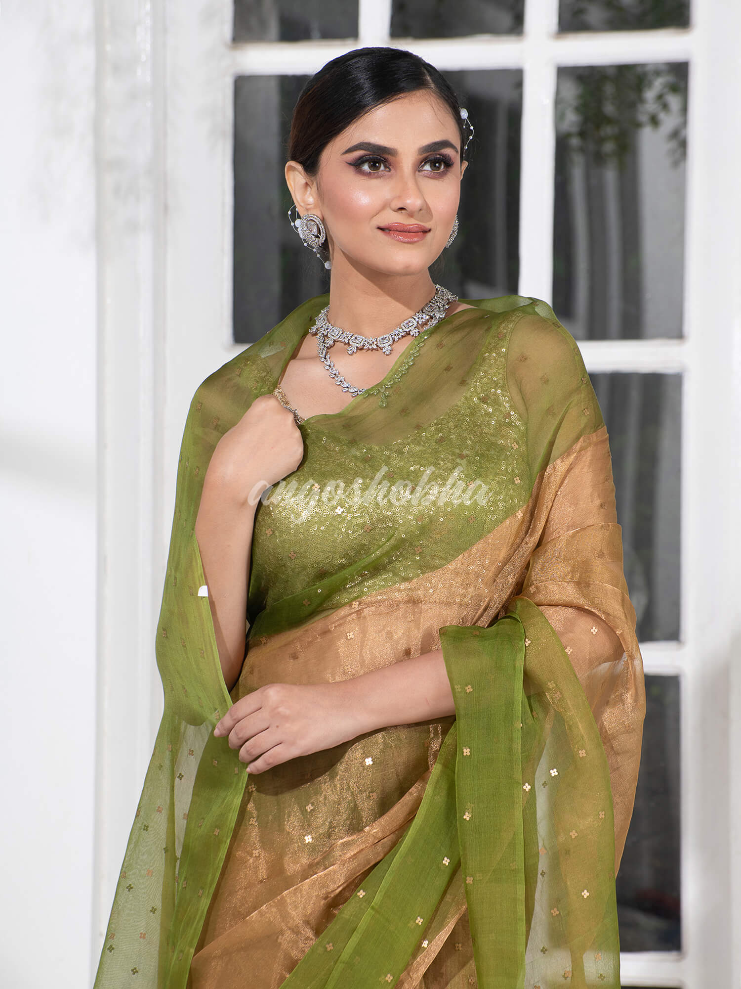 Grass Green Silk Muslin Tissue Saree