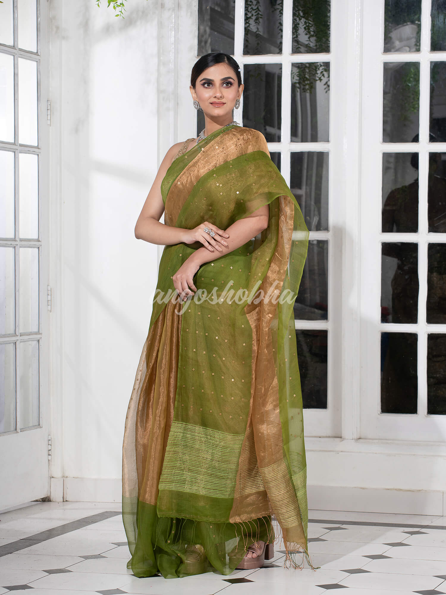 Grass Green Silk Muslin Tissue Saree
