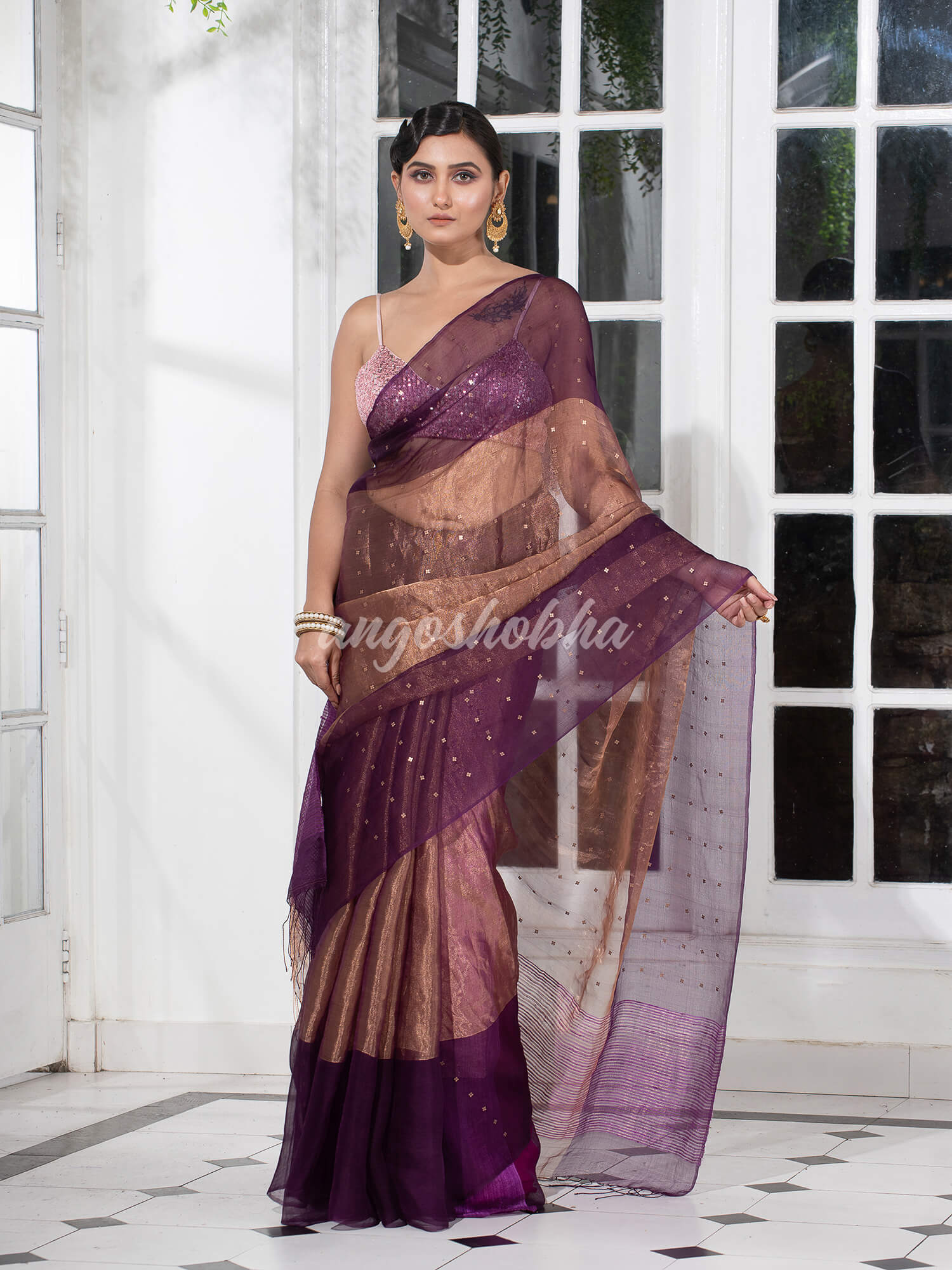 Purple Silk Muslin Tissue Saree