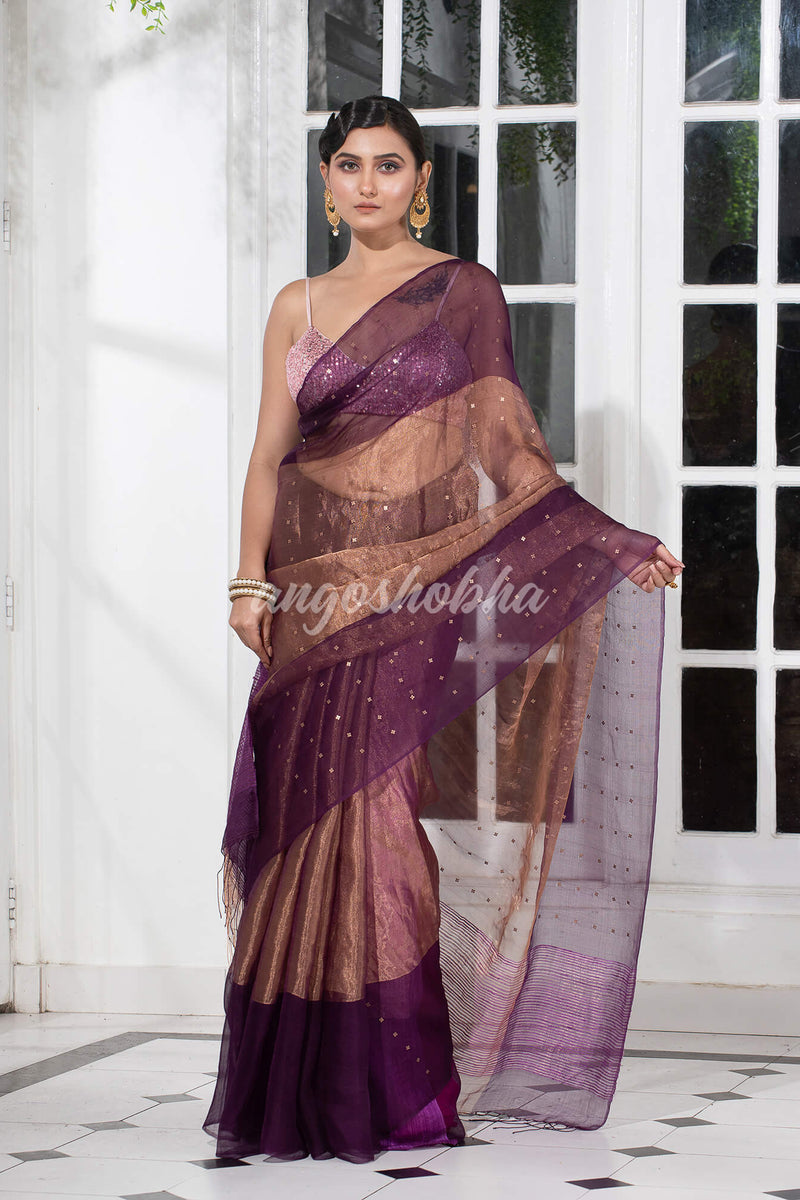 Purple Silk Muslin Tissue Saree