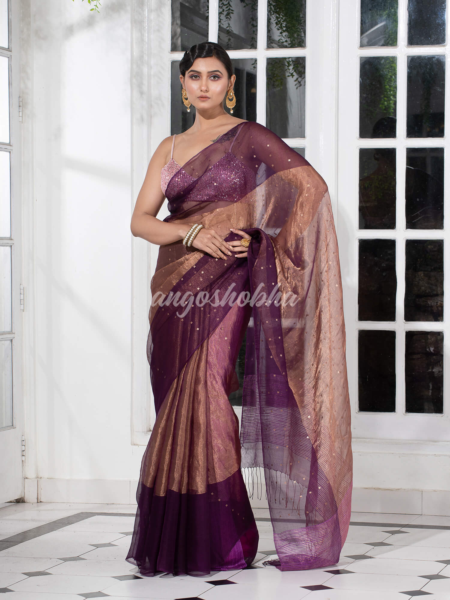 Purple Silk Muslin Tissue Saree