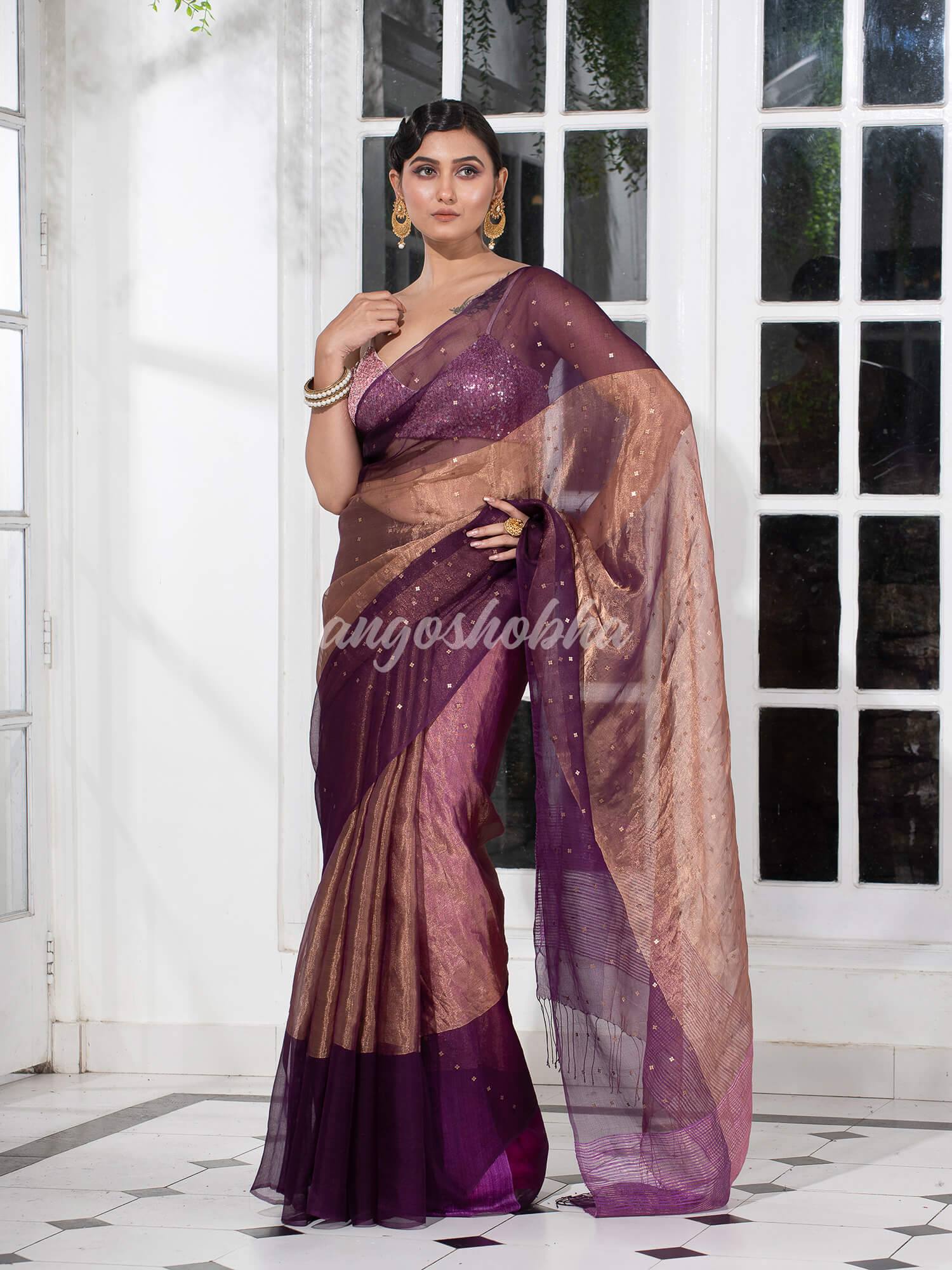 Purple Silk Muslin Tissue Saree