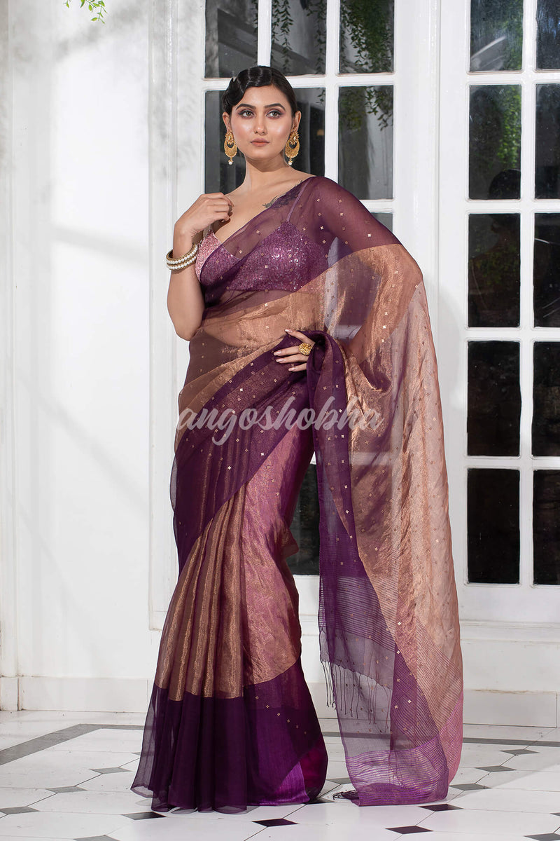 Purple Silk Muslin Tissue Saree