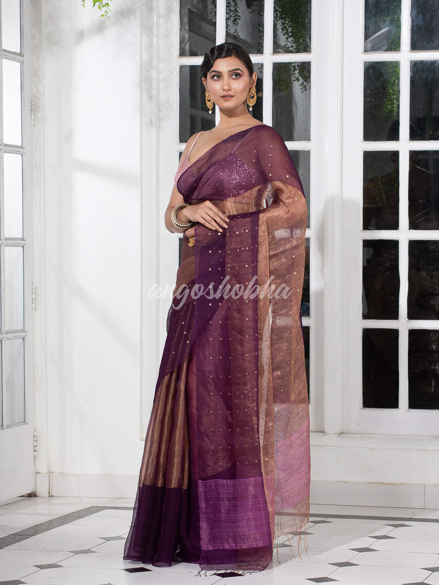 Purple Silk Muslin Tissue Saree