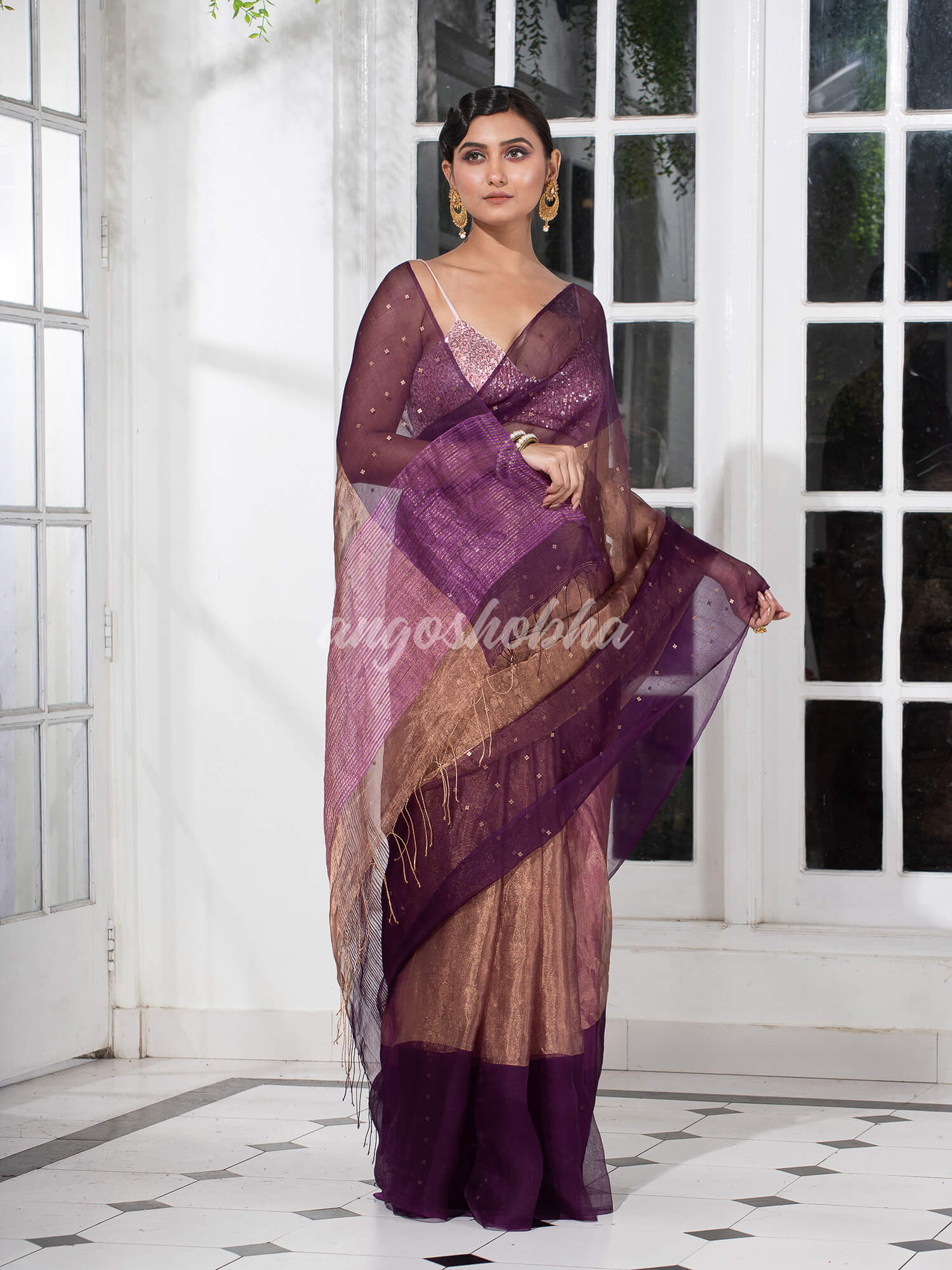 Purple Silk Muslin Tissue Saree