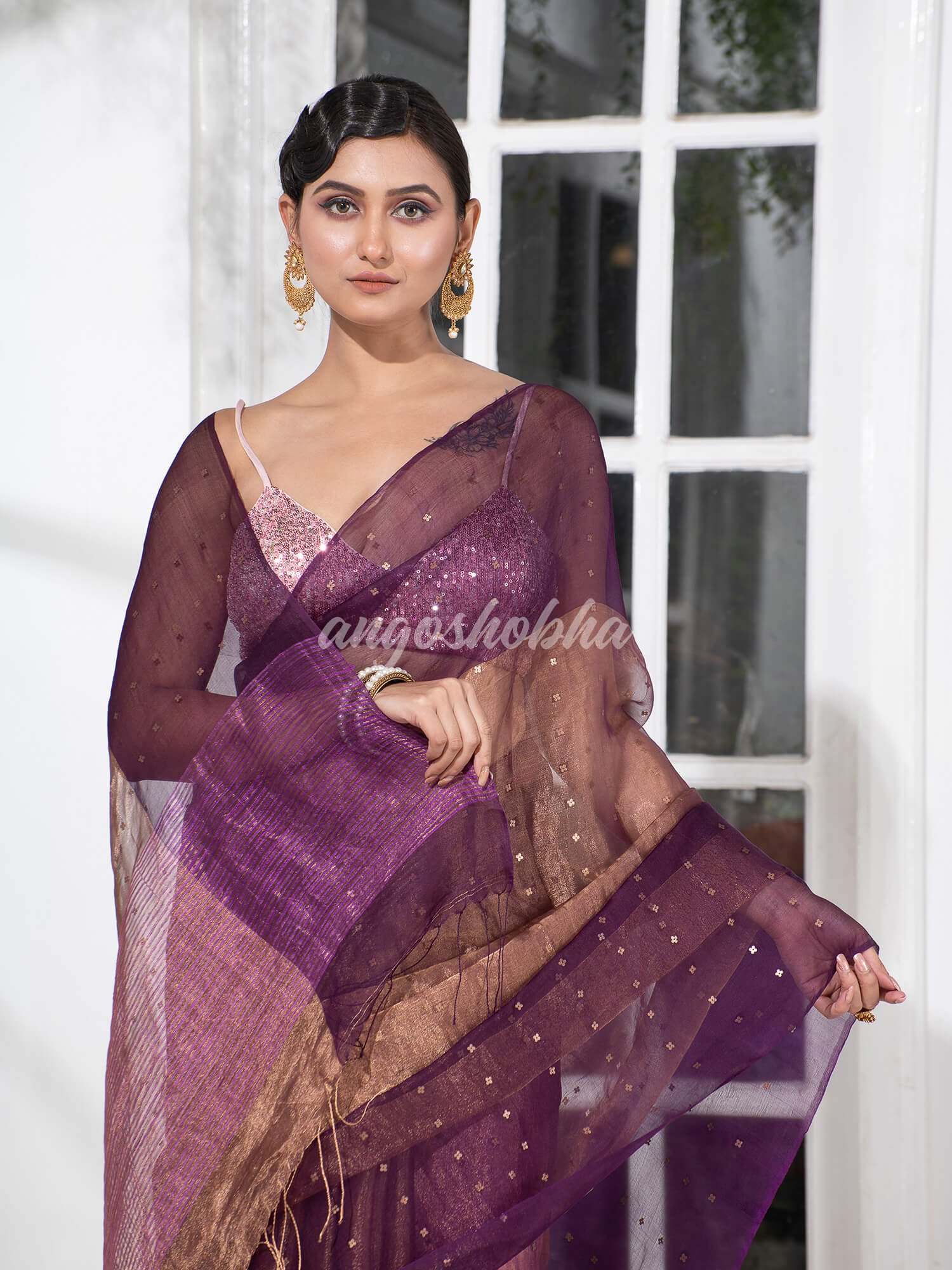 Purple Silk Muslin Tissue Saree
