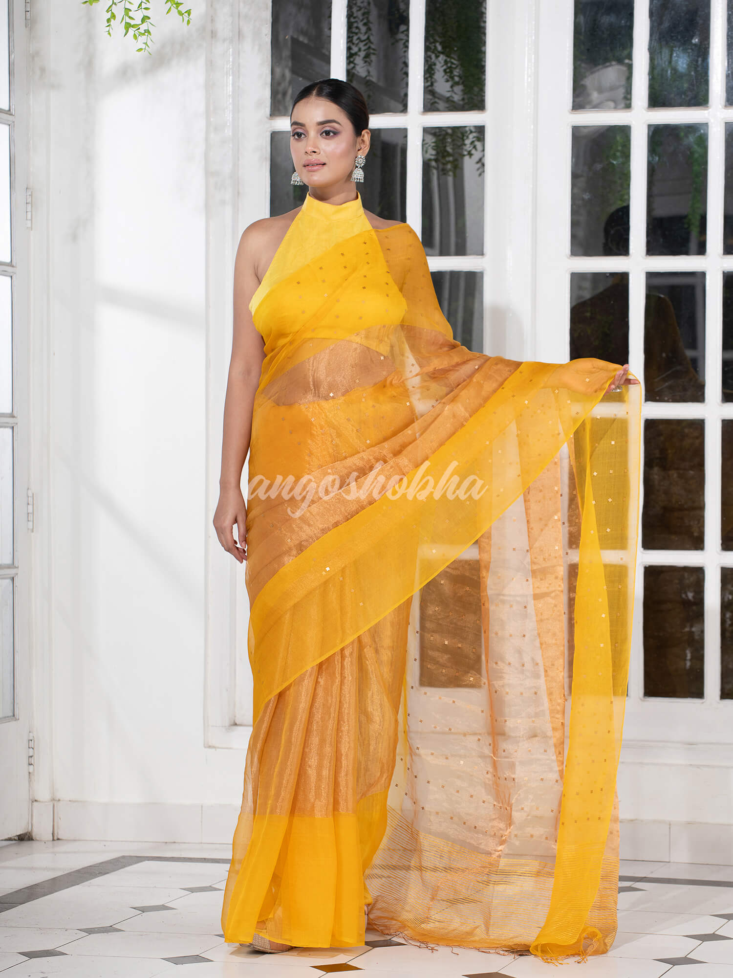 Yellow Silk Muslin Tissue Saree