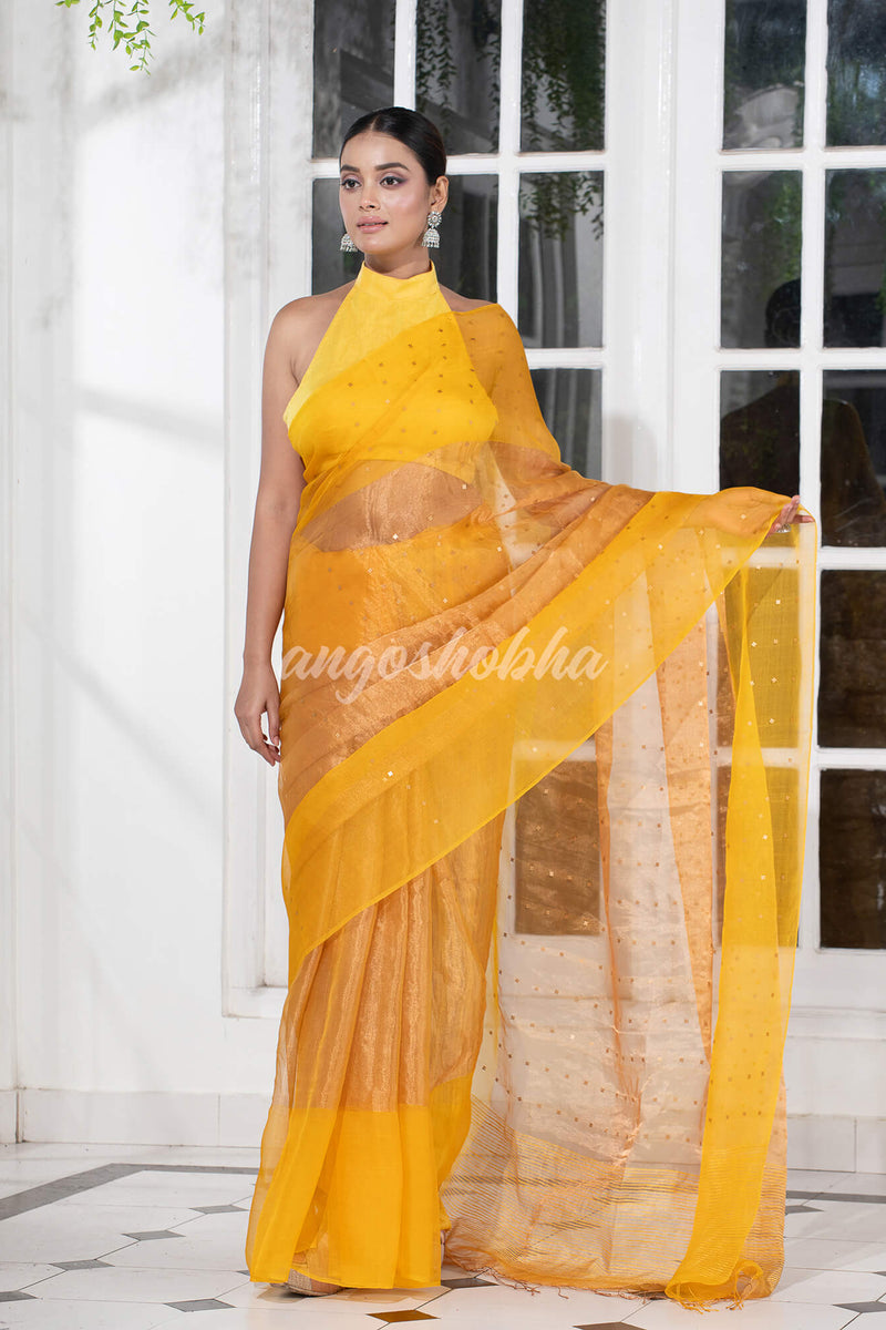 Yellow Silk Muslin Tissue Saree