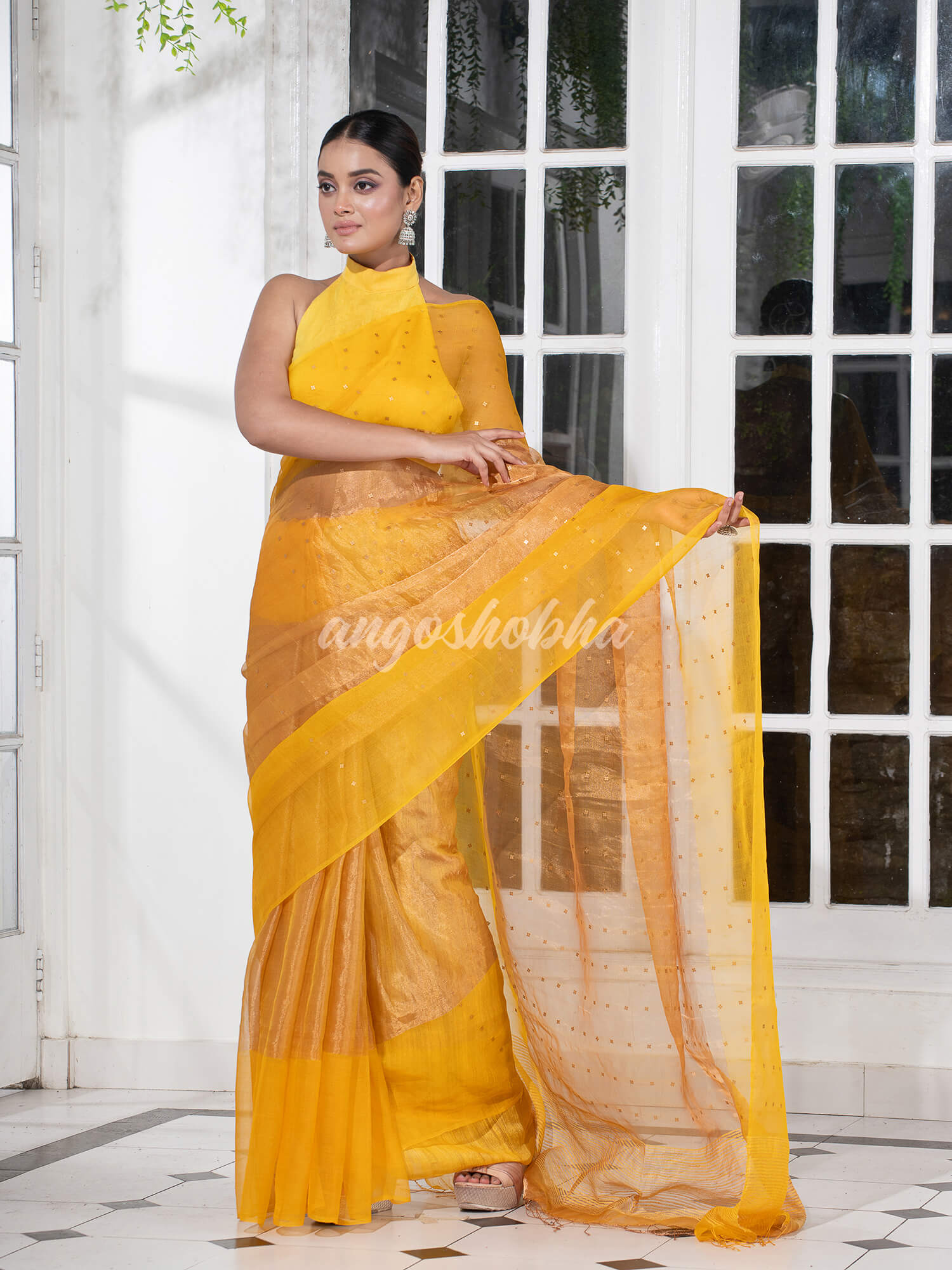 Yellow Silk Muslin Tissue Saree