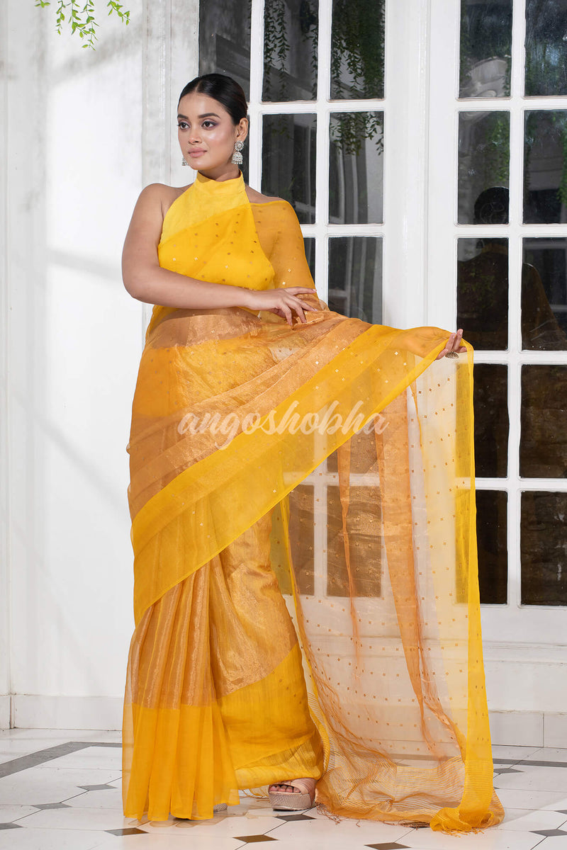 Yellow Silk Muslin Tissue Saree