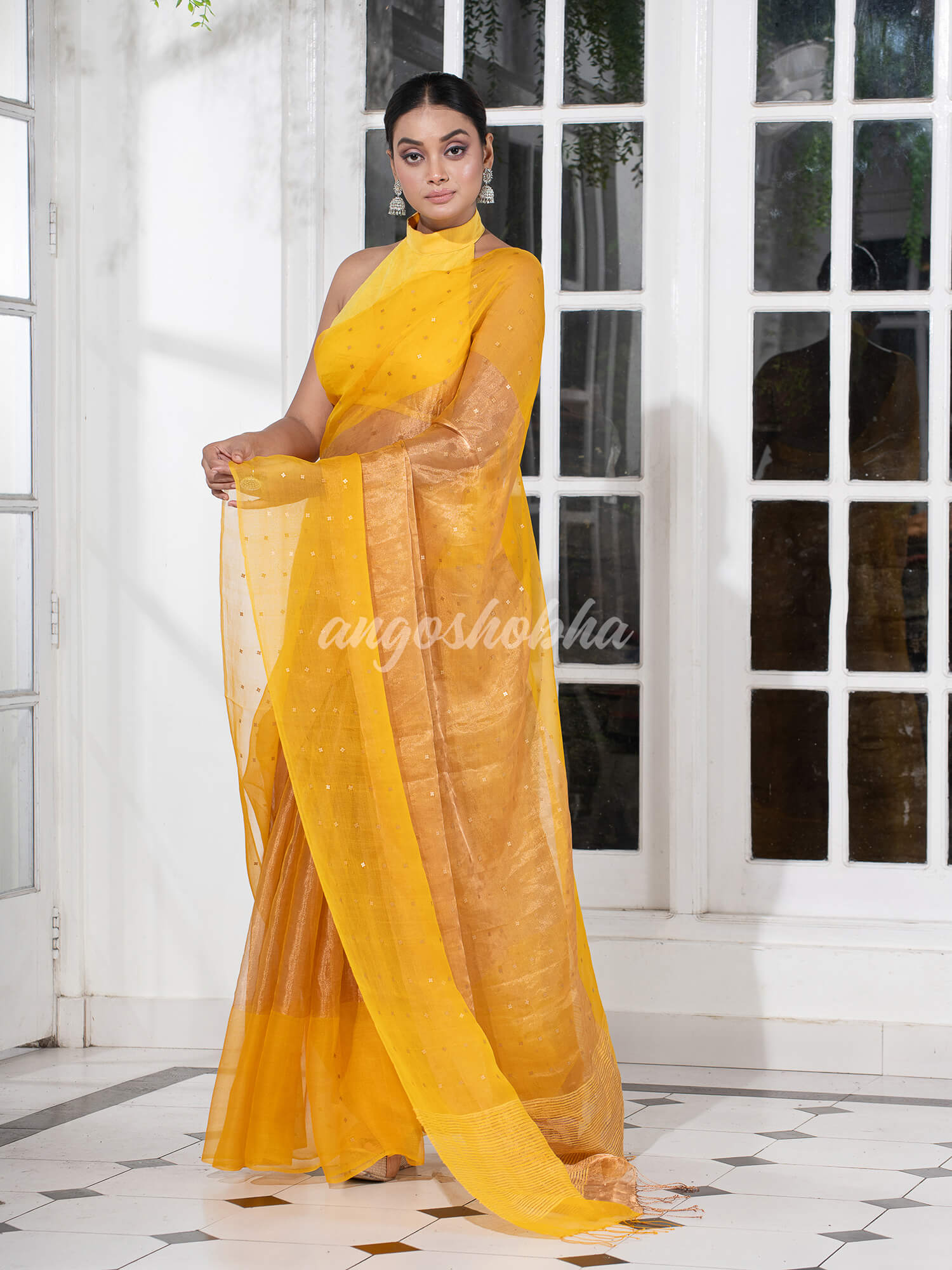 Yellow Silk Muslin Tissue Saree