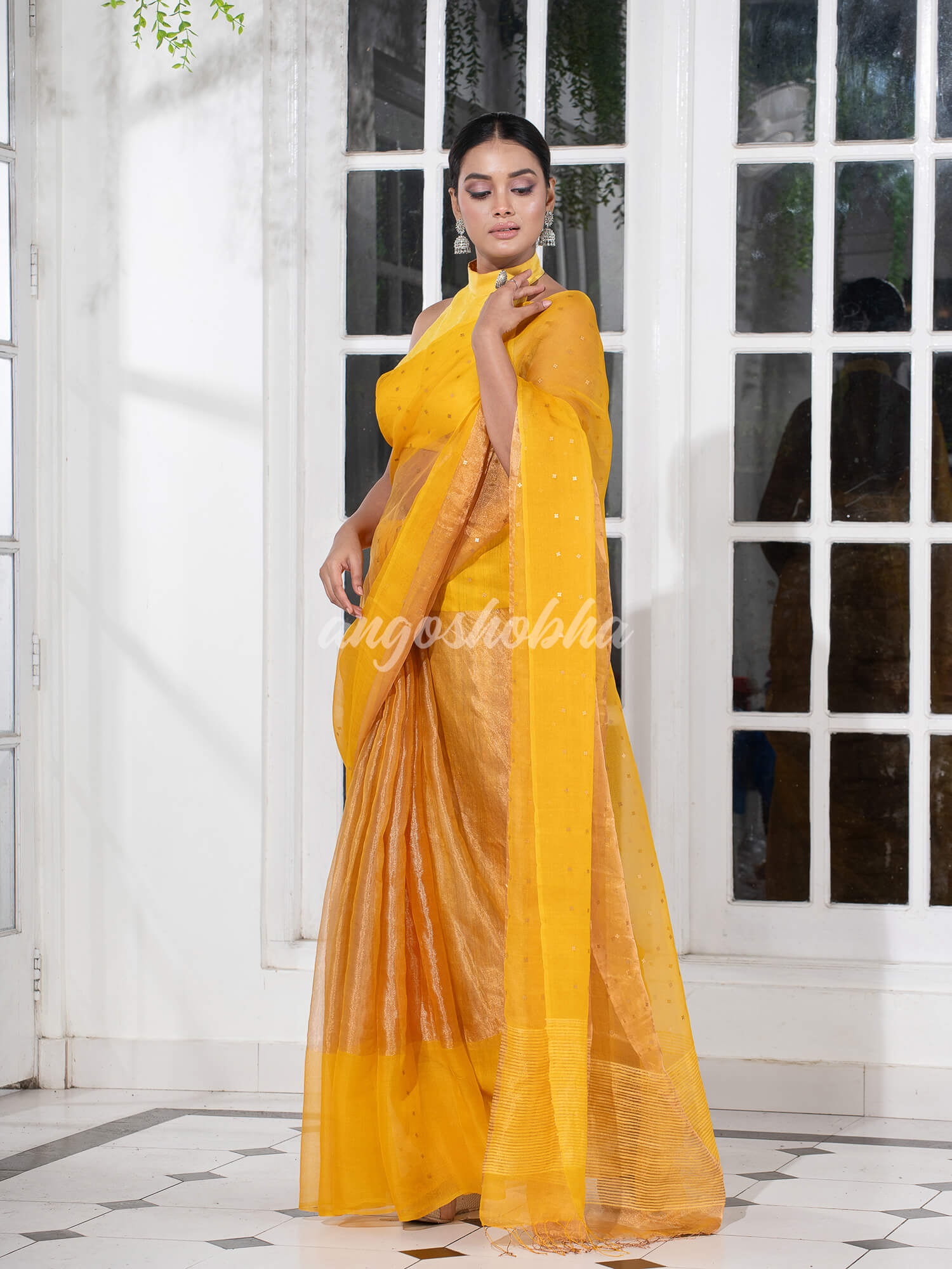 Yellow Silk Muslin Tissue Saree