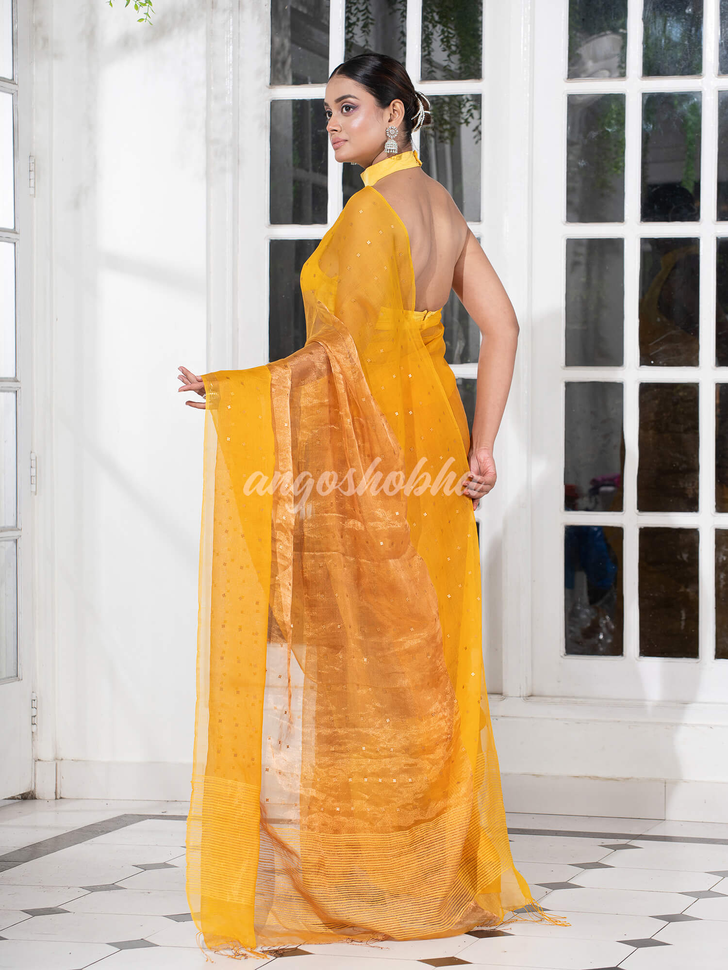 Yellow Silk Muslin Tissue Saree