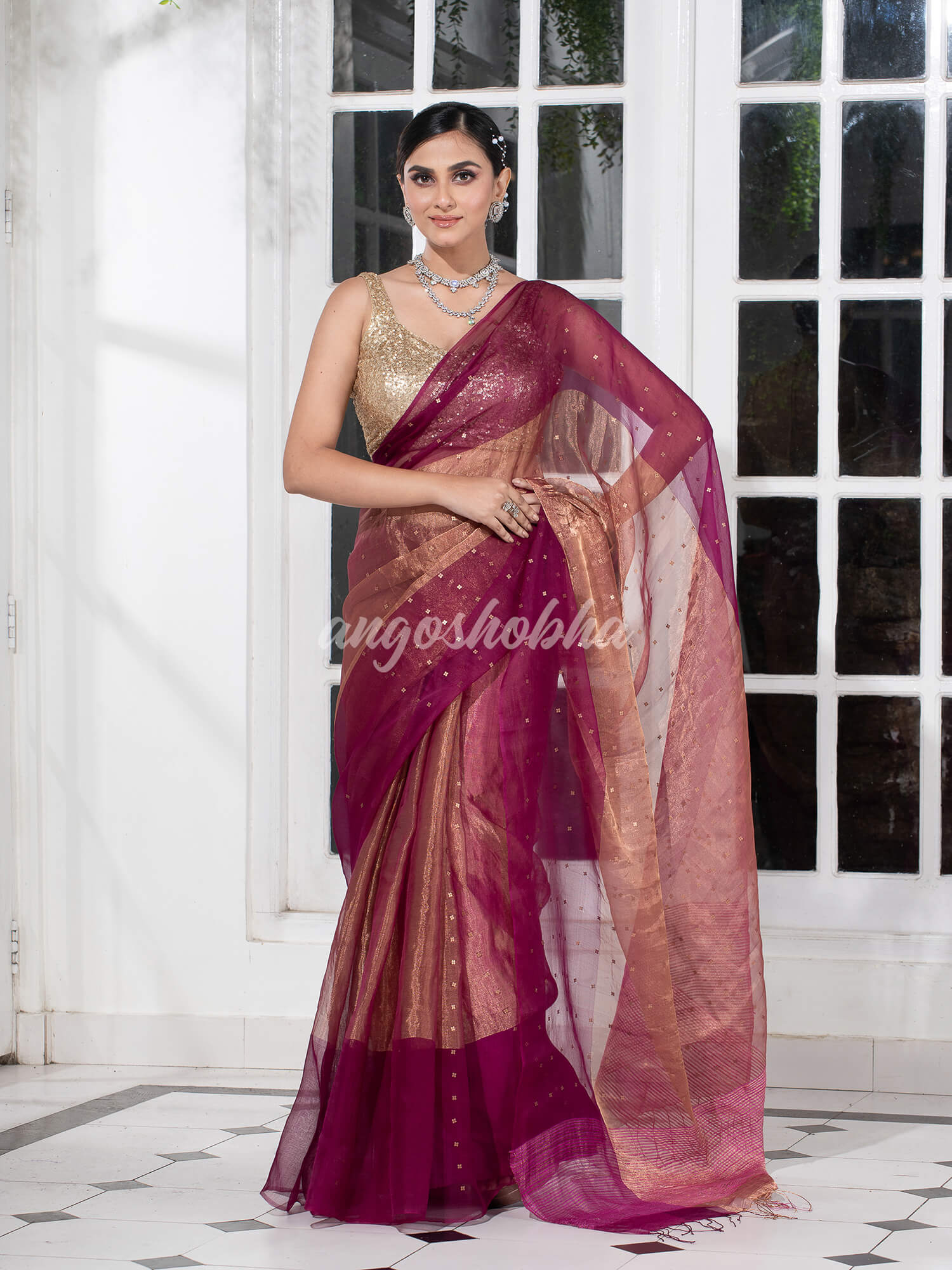 Quinacridone Magenta Silk Muslin Tissue Saree
