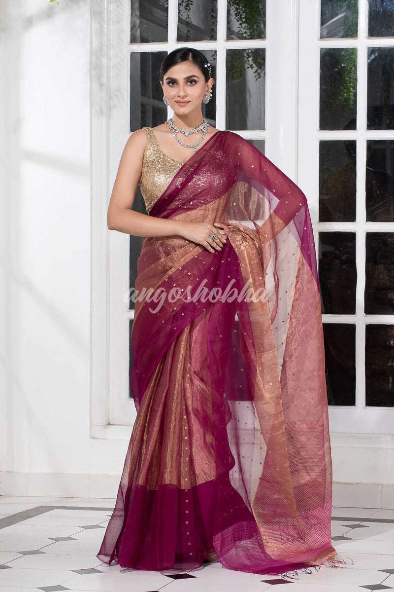 Quinacridone Magenta Silk Muslin Tissue Saree