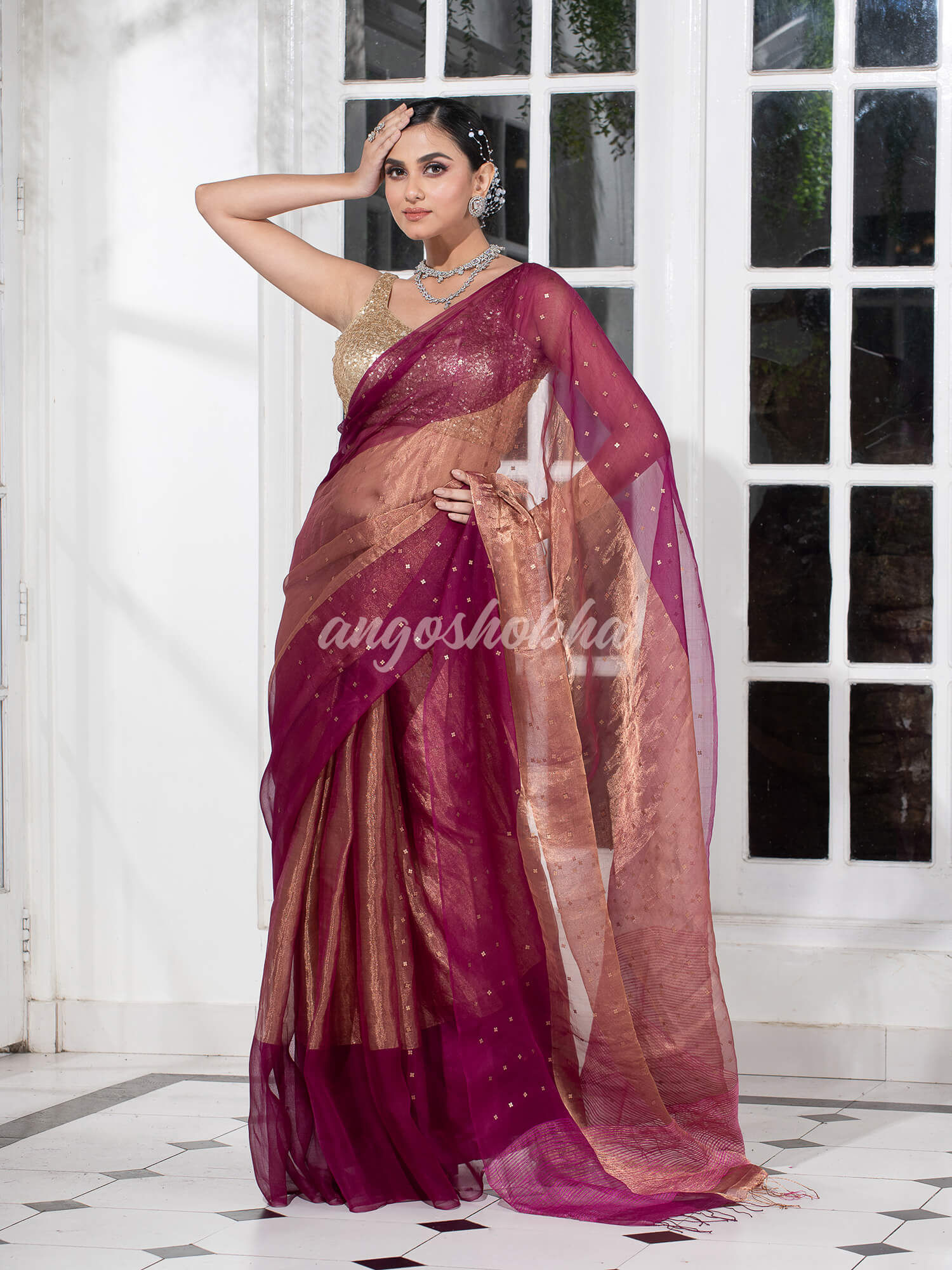 Quinacridone Magenta Silk Muslin Tissue Saree