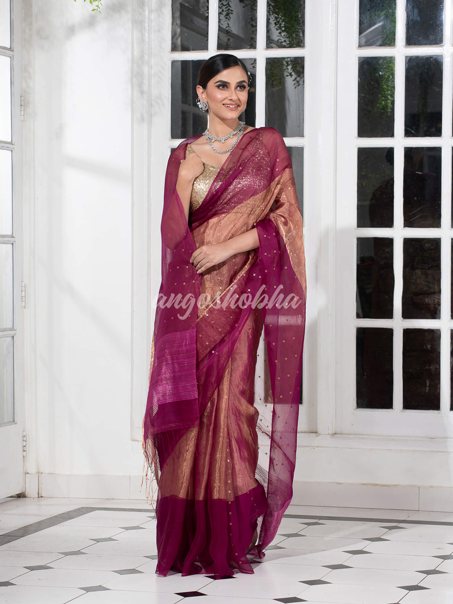 Quinacridone Magenta Silk Muslin Tissue Saree