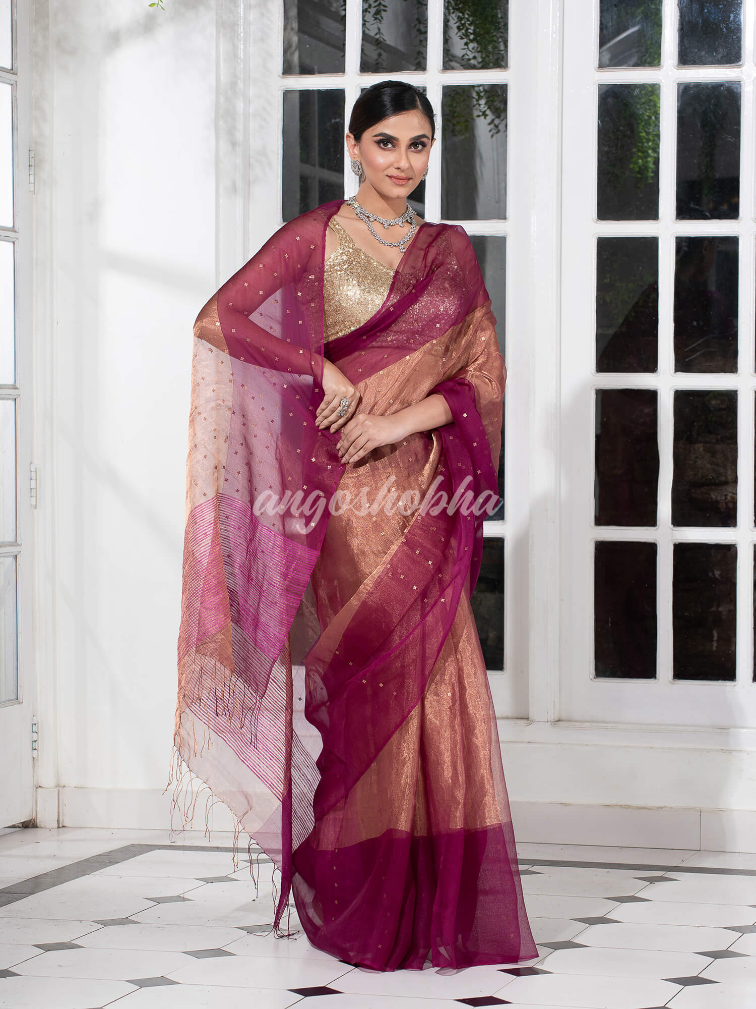 Quinacridone Magenta Silk Muslin Tissue Saree