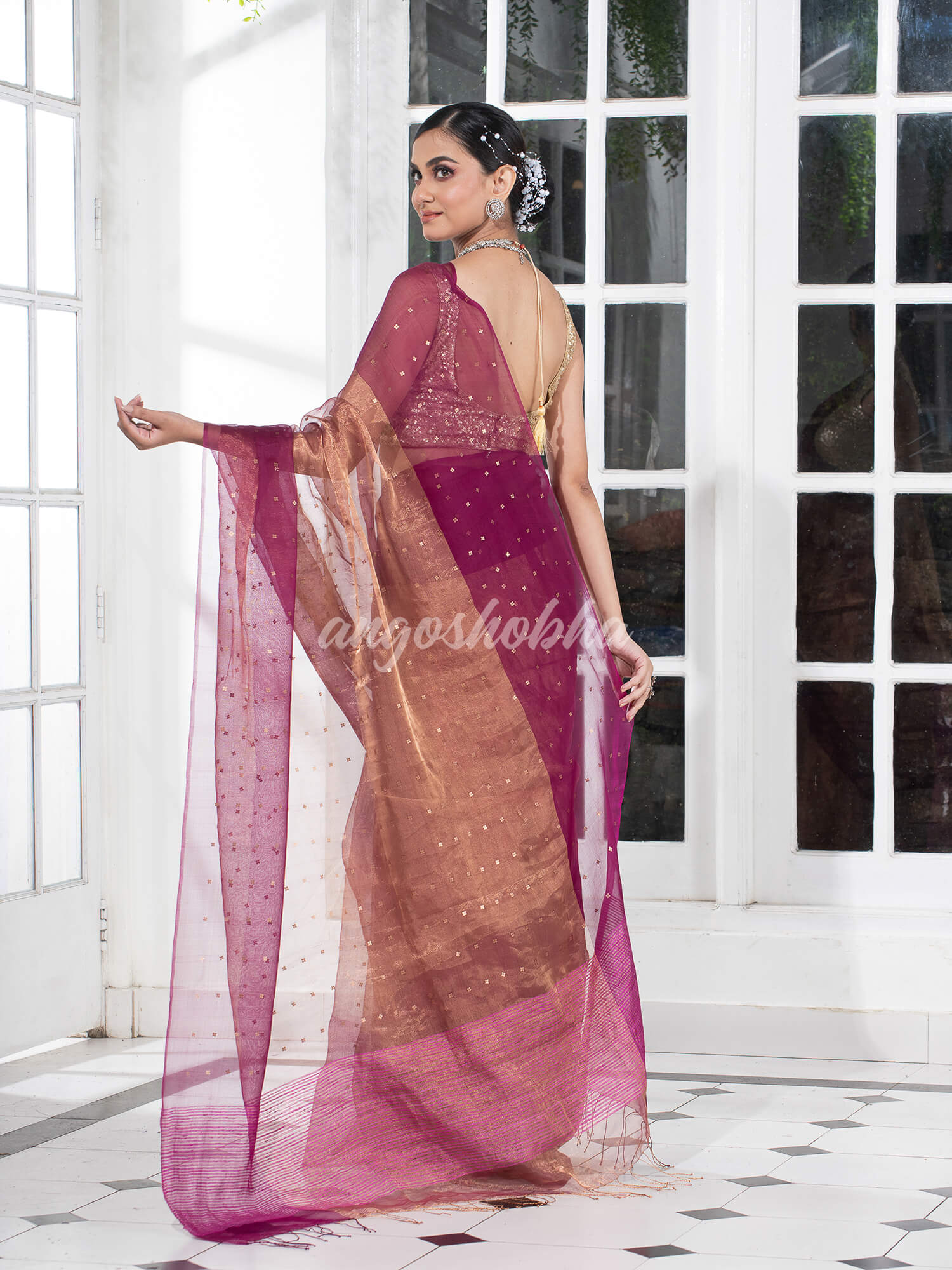 Quinacridone Magenta Silk Muslin Tissue Saree