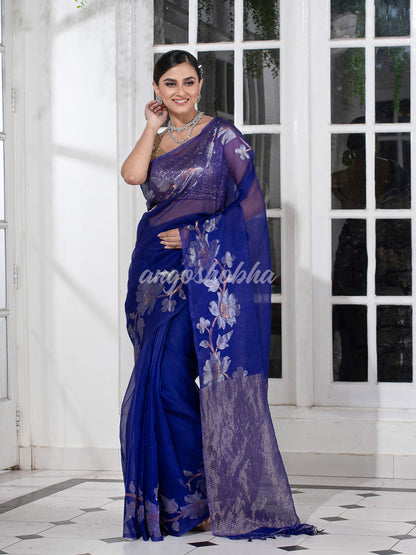 Blue Silk White Flowers Motive Handwoven Muslin Saree