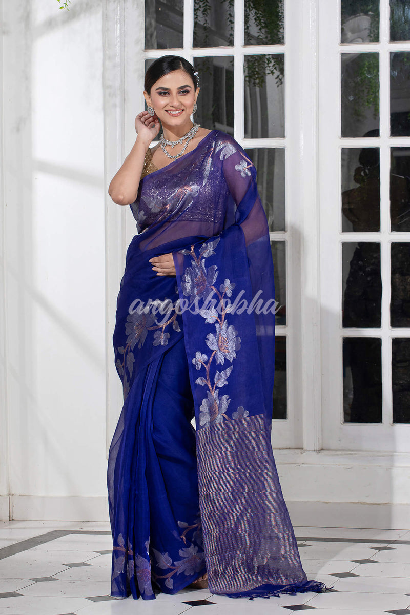 Blue Silk White Flowers Motive Handwoven Muslin Saree