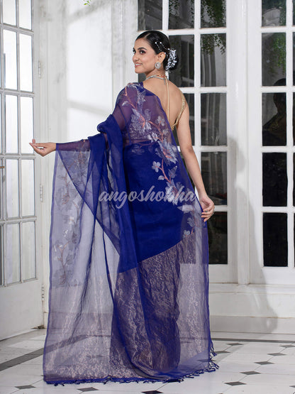 Blue Silk White Flowers Motive Handwoven Muslin Saree