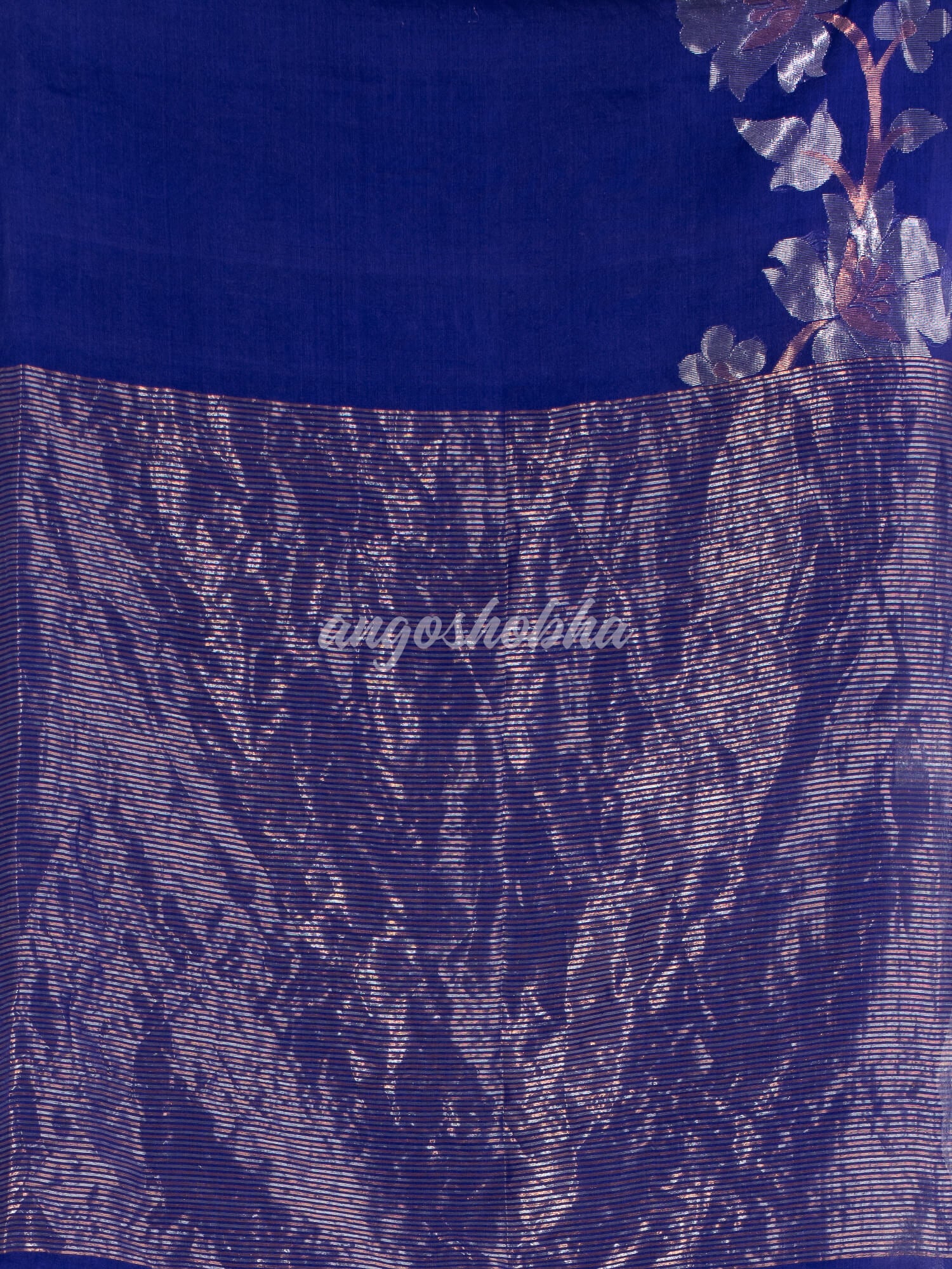 Blue Silk White Flowers Motive Handwoven Muslin Saree
