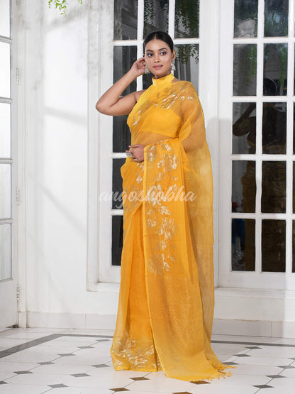 Yellow Silk White Flowers Motive Handwoven Muslin Saree