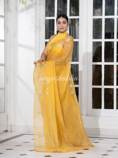 Yellow Silk White Flowers Motive Handwoven Muslin Saree