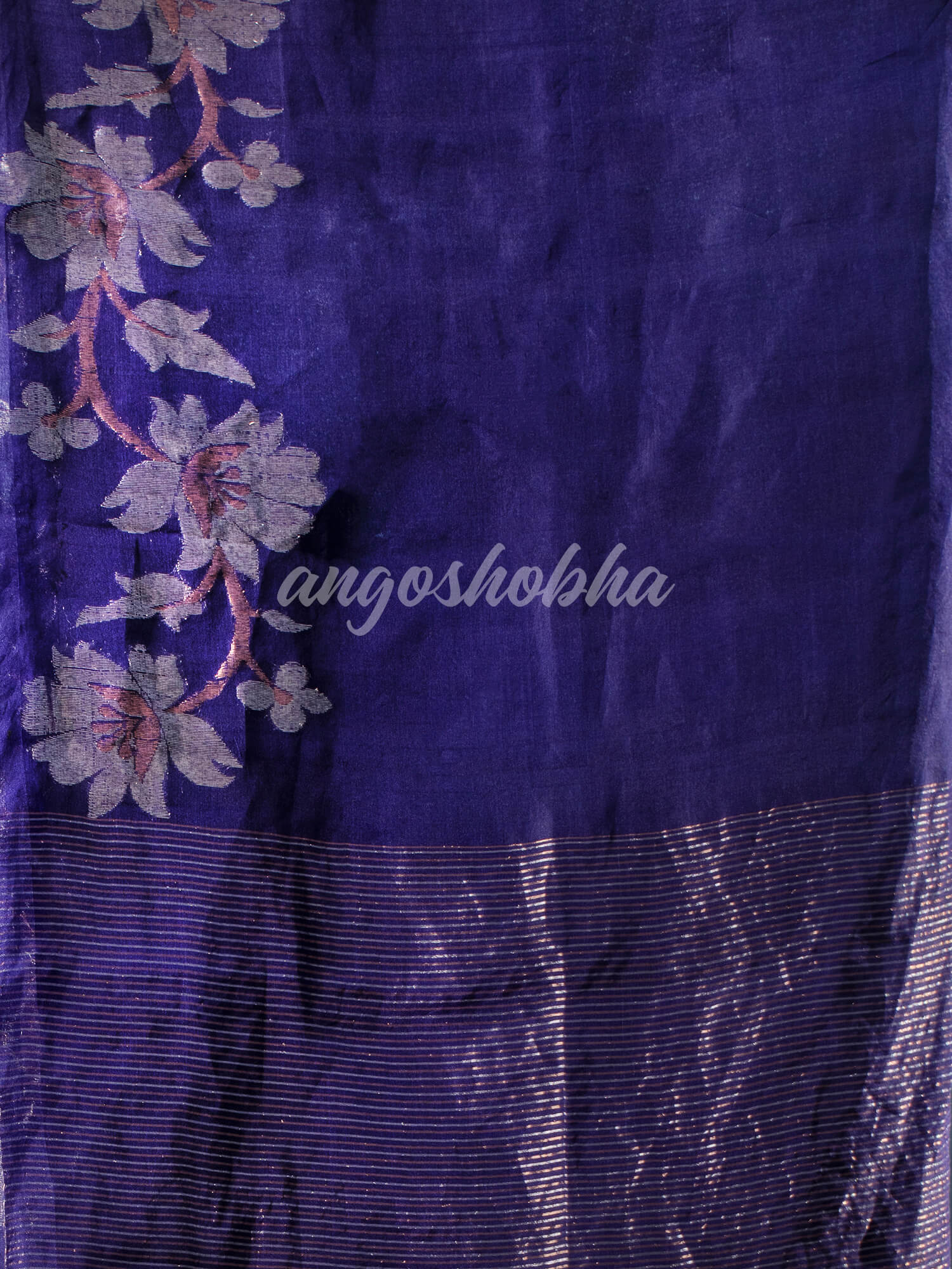 Navy Blue  Silk White Flowers Motive Handwoven Muslin Saree
