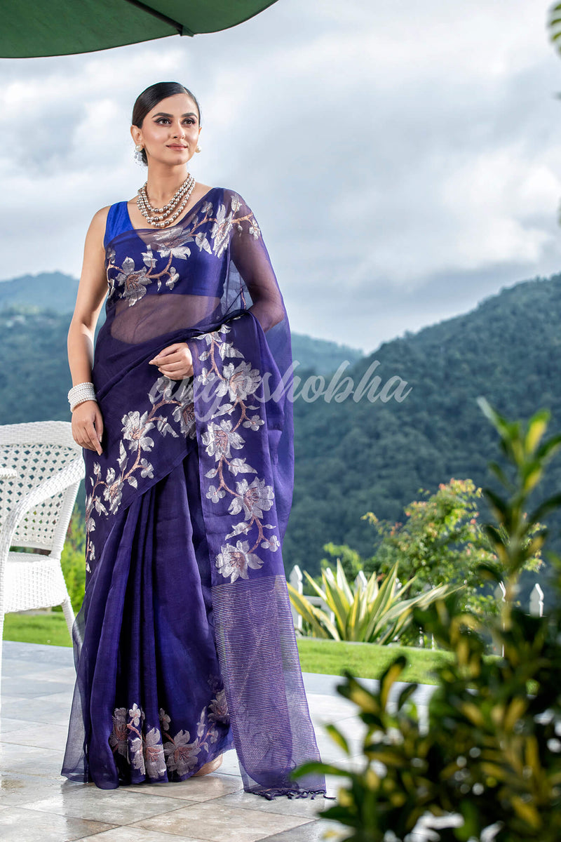 Navy Blue  Silk White Flowers Motive Handwoven Muslin Saree