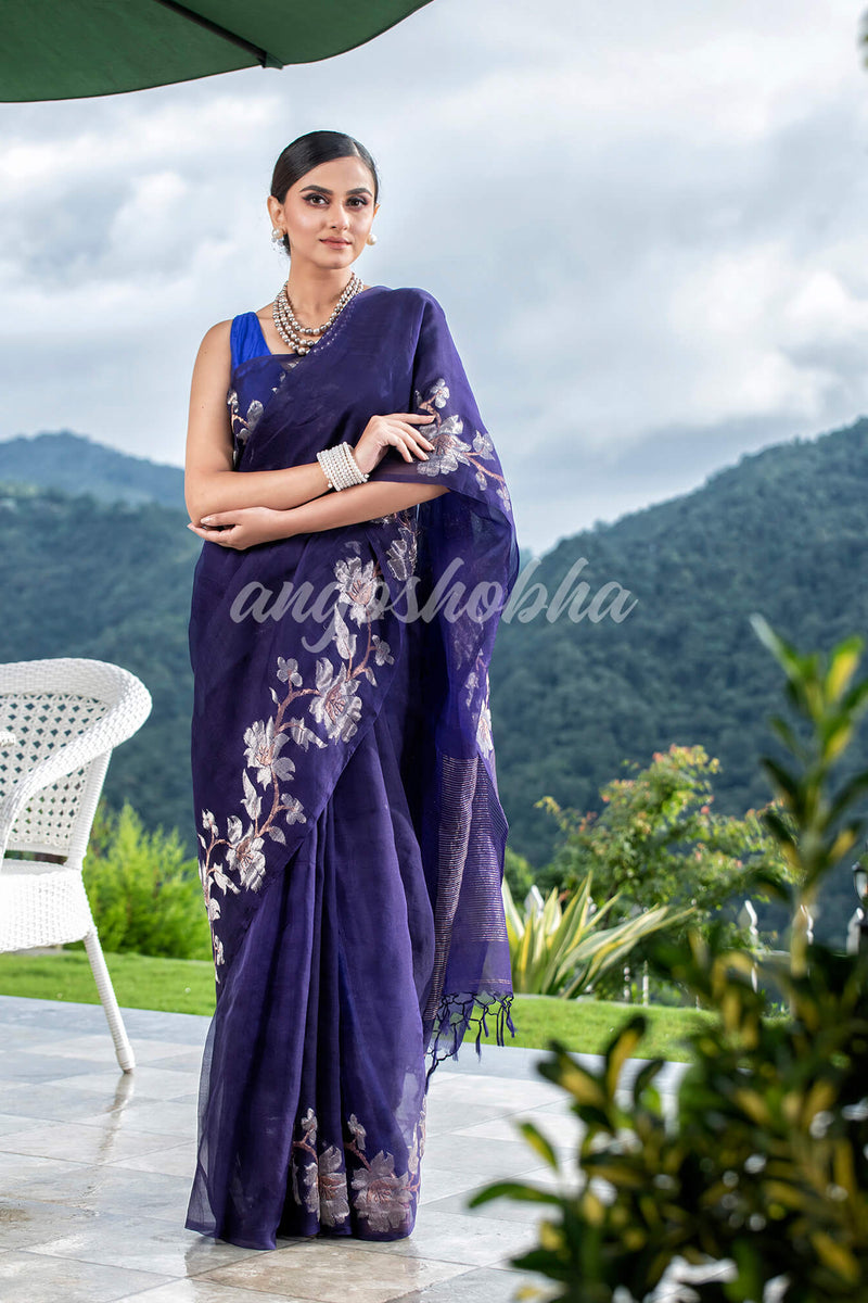 Navy Blue  Silk White Flowers Motive Handwoven Muslin Saree