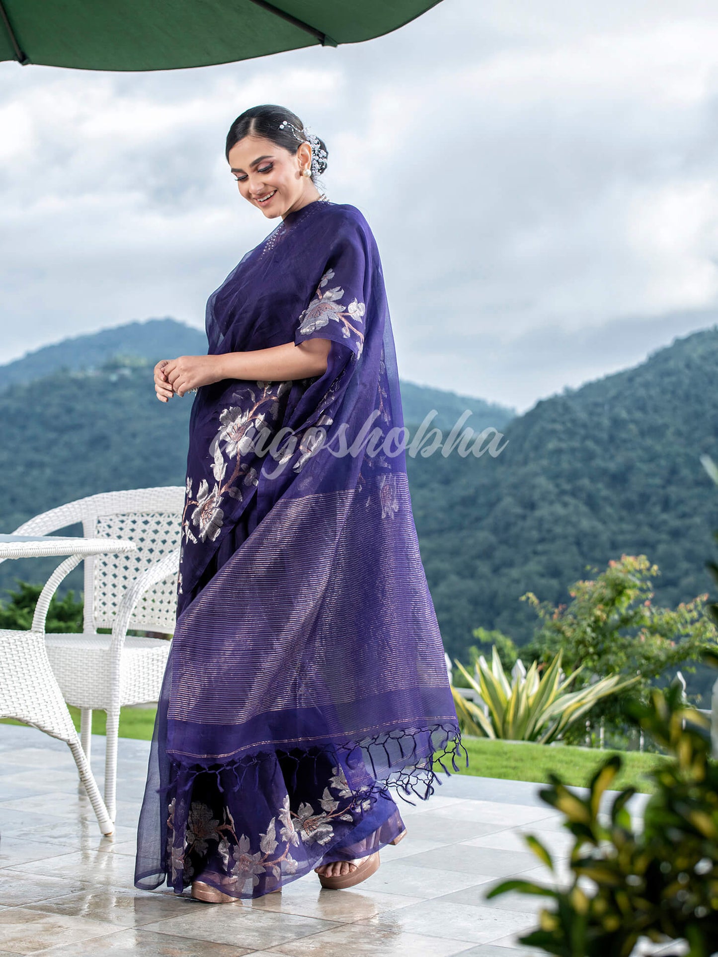 Navy Blue  Silk White Flowers Motive Handwoven Muslin Saree