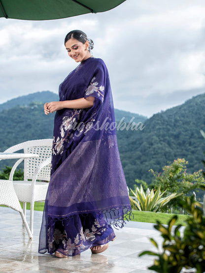 Navy Blue  Silk White Flowers Motive Handwoven Muslin Saree