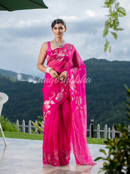 Pink  Silk White Flowers Motive Handwoven Muslin Saree