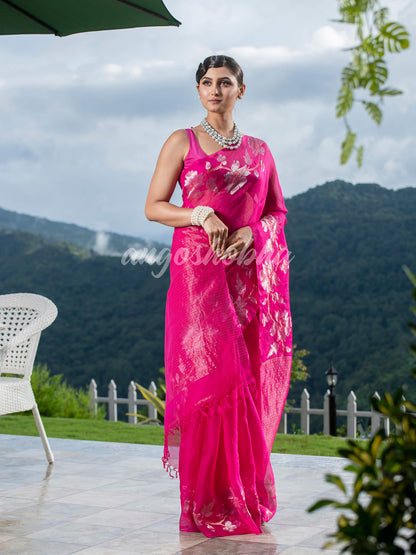 Pink  Silk White Flowers Motive Handwoven Muslin Saree