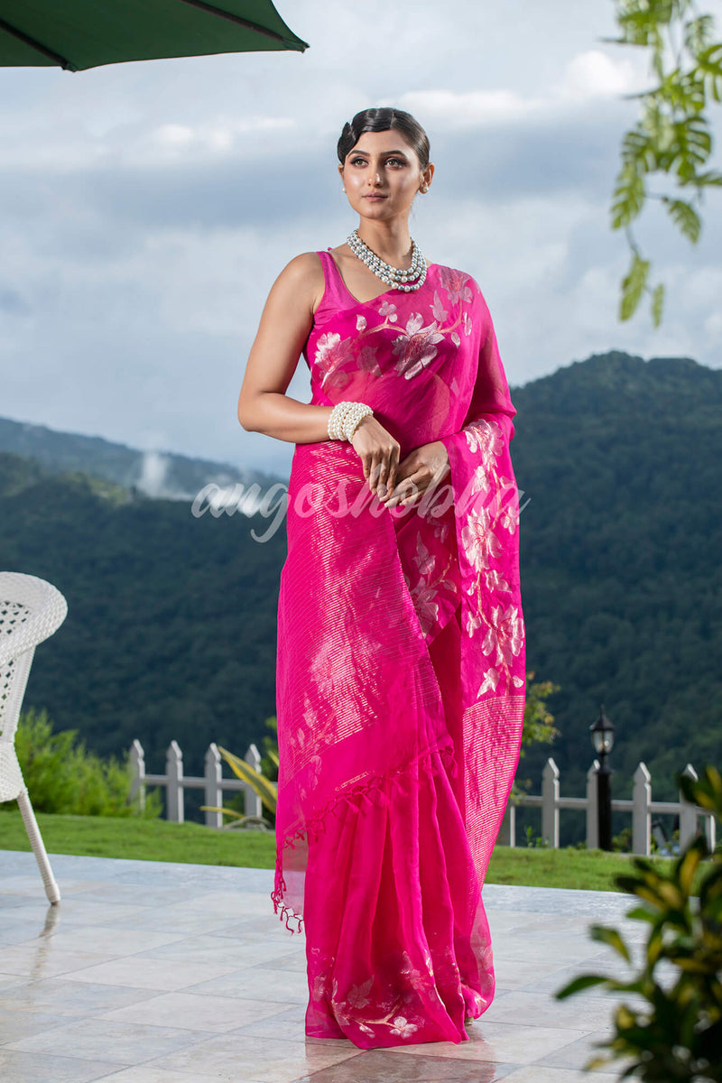 Pink  Silk White Flowers Motive Handwoven Muslin Saree