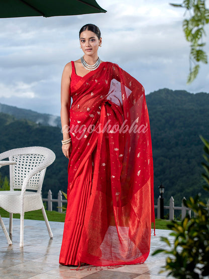 Red Half Half Matka Silk Handwoven Saree