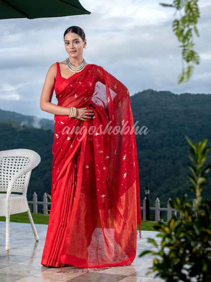 Red Half Half Matka Silk Handwoven Saree
