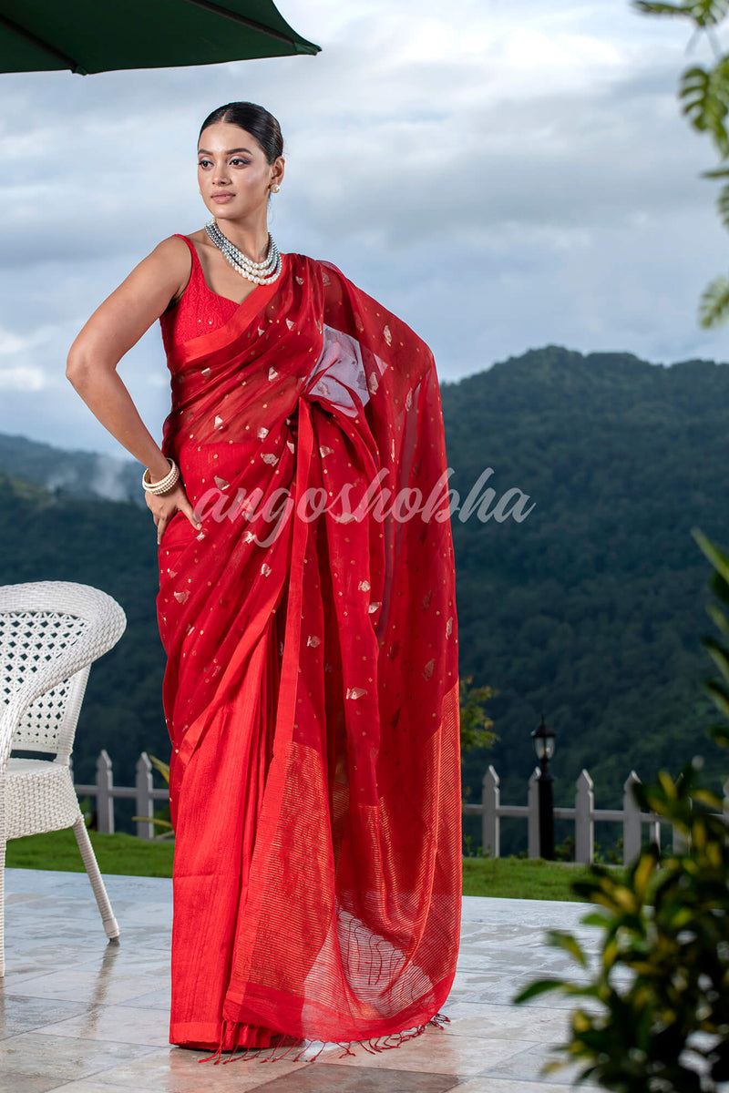 Red Half Half Matka Silk Handwoven Saree