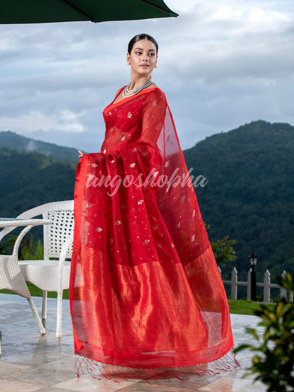 Red Half Half Matka Silk Handwoven Saree