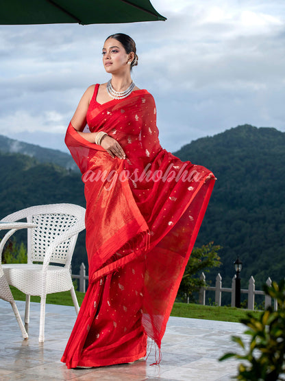 Red Half Half Matka Silk Handwoven Saree