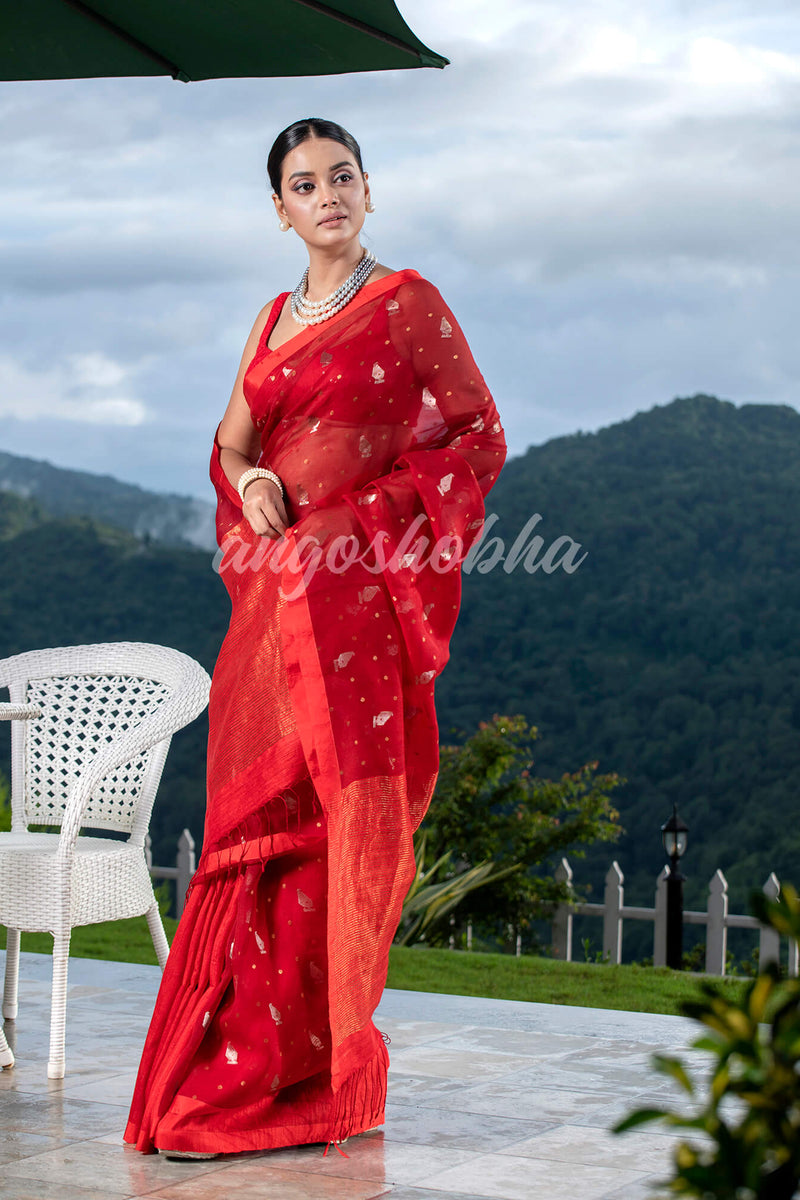 Red Half Half Matka Silk Handwoven Saree