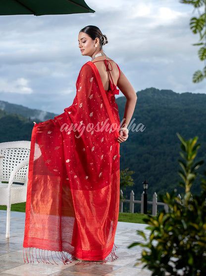 Red Half Half Matka Silk Handwoven Saree
