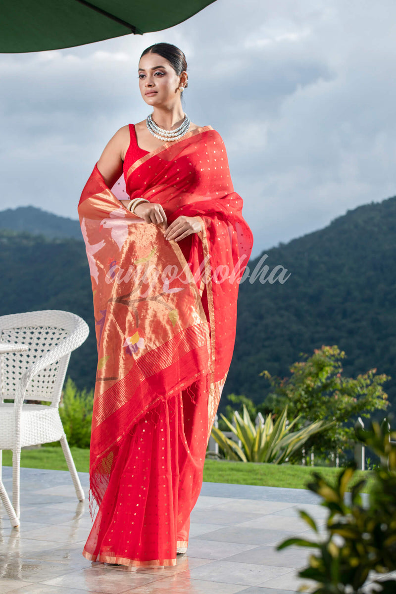 Red Paithani Muslin Silk Handwoven Saree